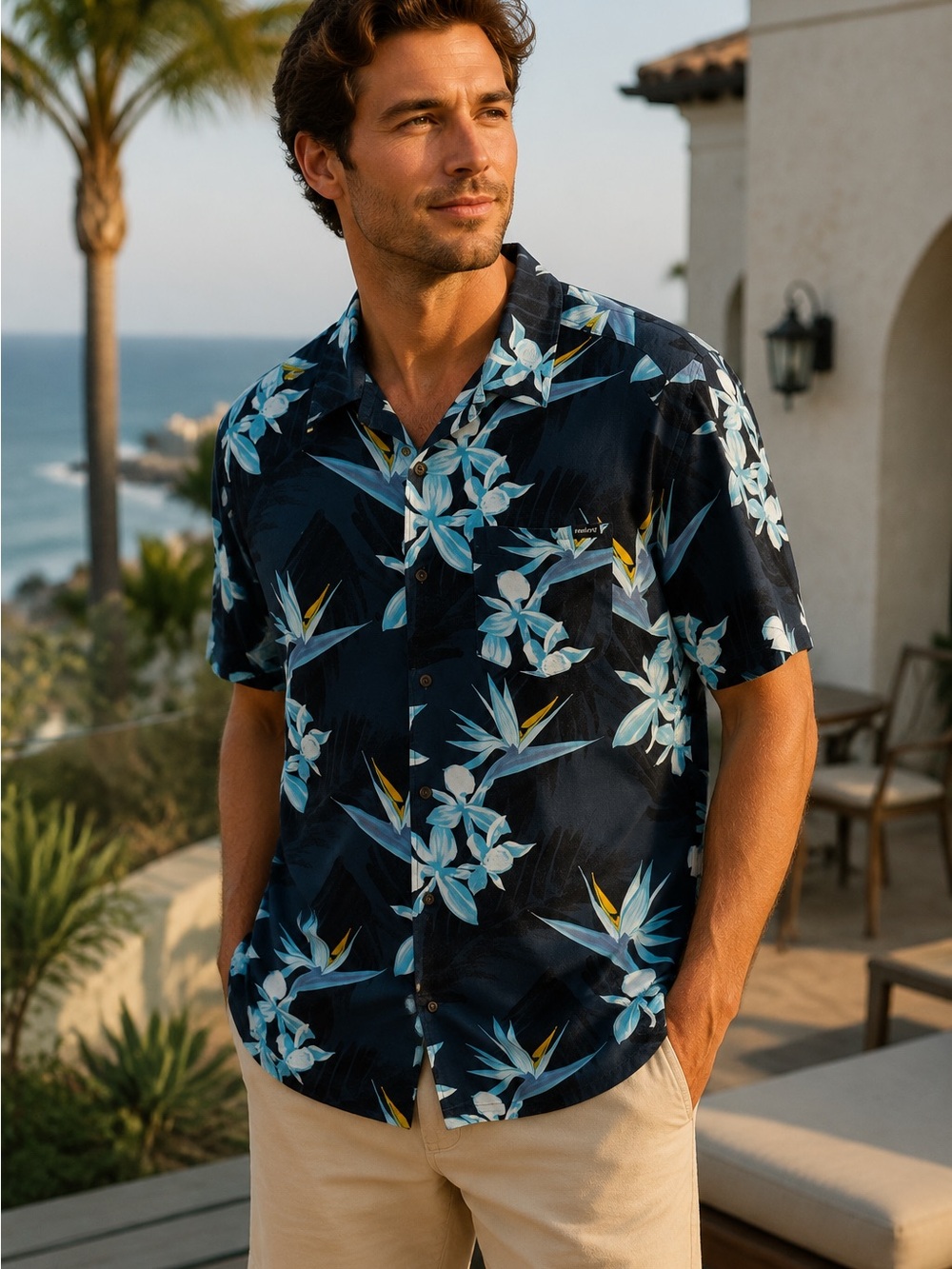 Hurley Hawaiian Shirt Navy Floral Short Sleeve Button-Up Men’s Size Large VGUC